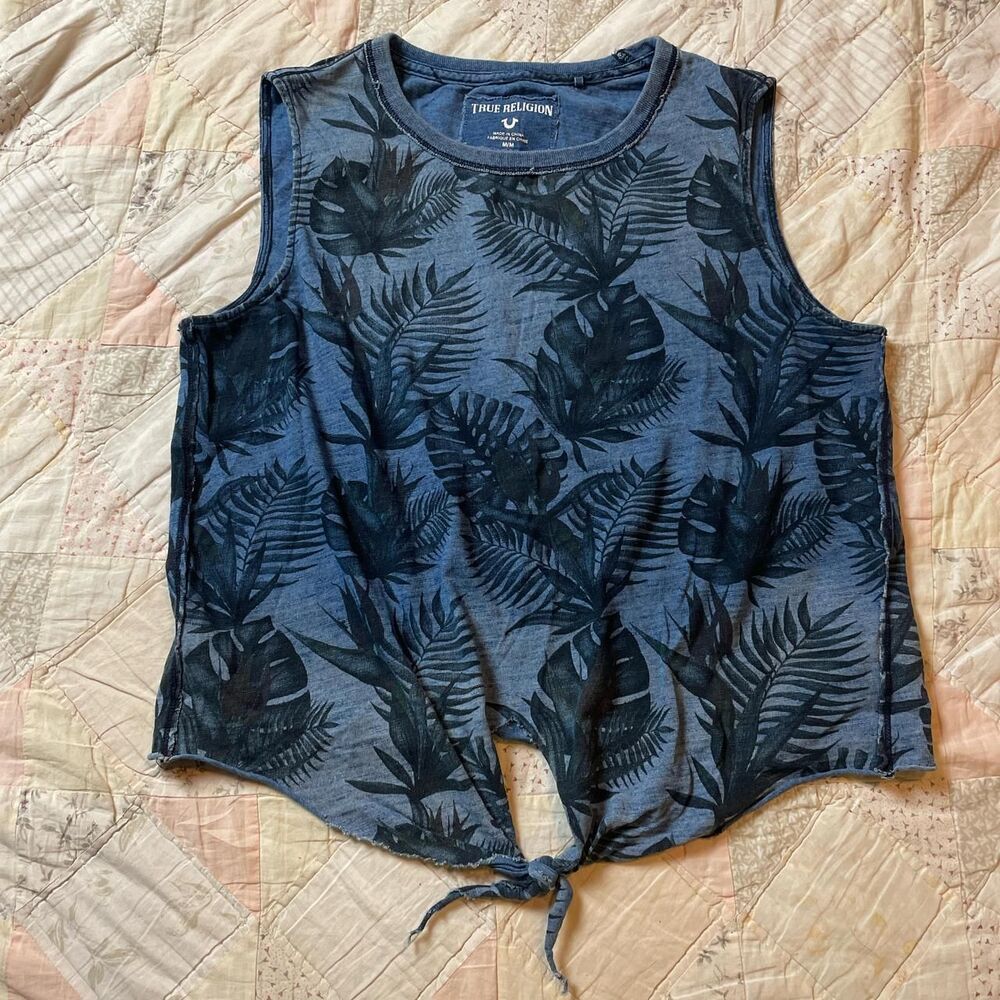 true religion blue denim front tie tropical palm tree tank top size medium